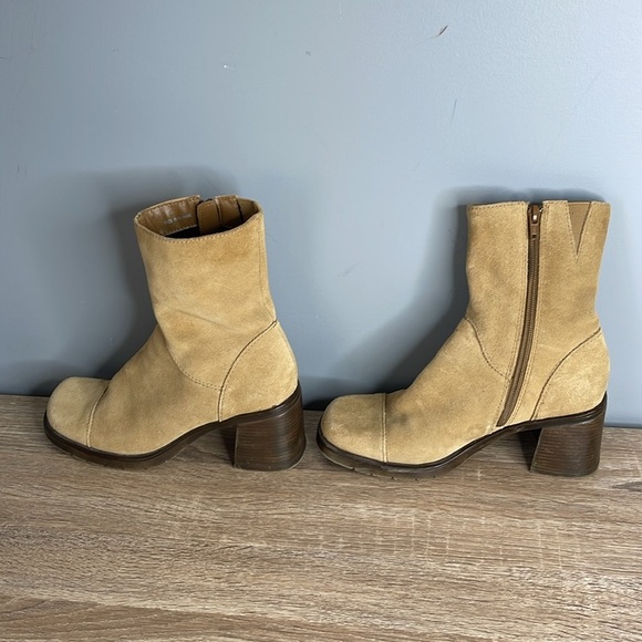 Vintage Y2K Transit Tan Suede Chunky Over Ankle Boots Square Toe Block Heel 38 - Picture 3 of 11